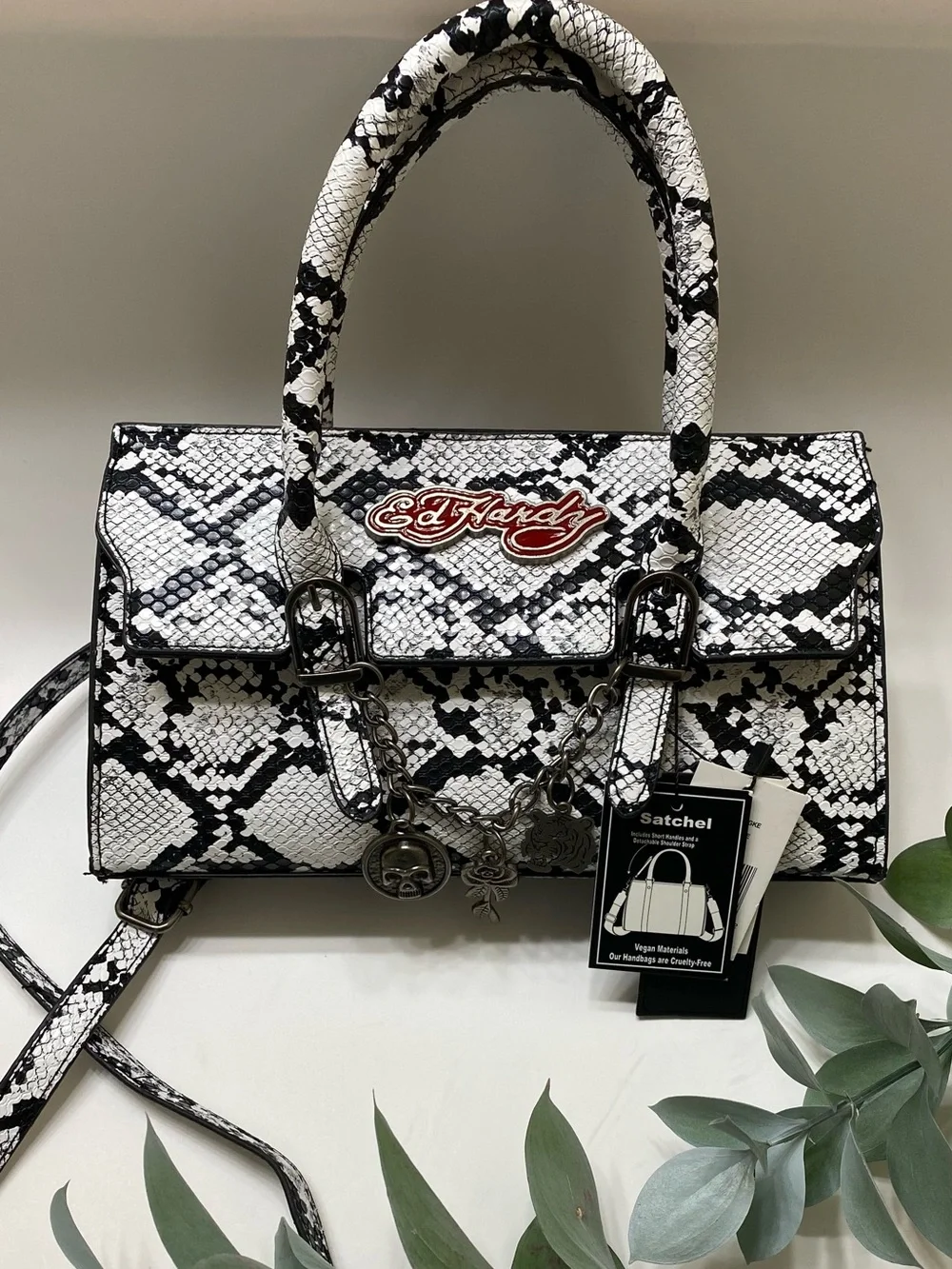 Ed Hardy Black & White Snake-Print Satchel with Charm Chain